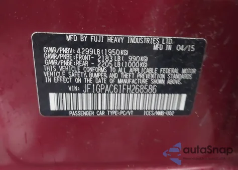 2015 Subaru Impreza 2.0I Premium from USA, damaged, VIN JF1GPAC61FH268586